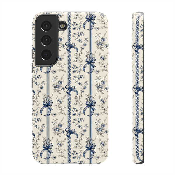 Blue Bow Phone Case - Vintage Floral Preppy Protective Phone Cover for iPhone, Samsung, Pixel