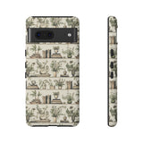 Bookshelf Phone Case - Neutral Beige Books and Plants Protective Cover for iPhone, Samsung, Pixel