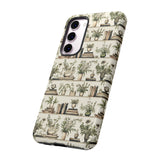 Bookshelf Phone Case - Neutral Beige Books and Plants Protective Cover for iPhone, Samsung, Pixel