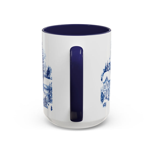 Blue Snowy Winter Village Mug - Holiday Christmas Art Cup for Coffee, Tea, Hot Cocoa