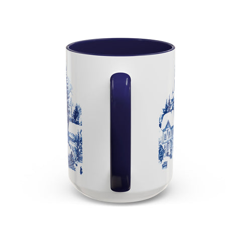 Blue Snowy Winter Village Mug - Holiday Christmas Art Cup for Coffee, Tea, Hot Cocoa