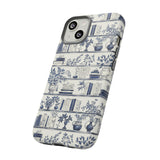 Bookshelf Phone Case - Blue and White Floral Books Protective Cover for iPhone, Samsung, Pixel