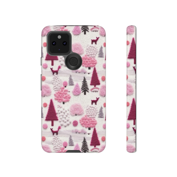 Pink Winter Woodland Aesthetic Embroidery Phone Case for iPhone, Samsung, Pixel