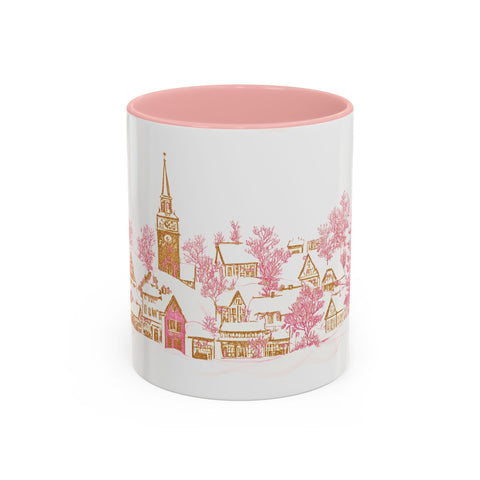 Pink Christmas Village Mug - Festive Aesthetic Holiday Cup for Coffee, Tea, Hot Cocoa