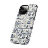 Bookshelf Phone Case - Blue and White Floral Books Protective Cover for iPhone, Samsung, Pixel