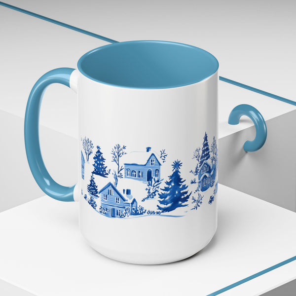 Blue Winter Village Art Mug - Holiday Christmas Cup Gift for Coffee, Tea, Hot Cocoa