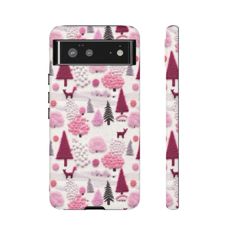Pink Winter Woodland Aesthetic Embroidery Phone Case for iPhone, Samsung, Pixel