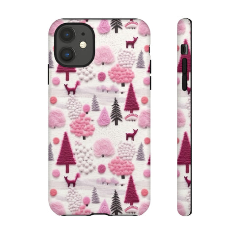 Pink Winter Woodland Aesthetic Embroidery Phone Case for iPhone, Samsung, Pixel