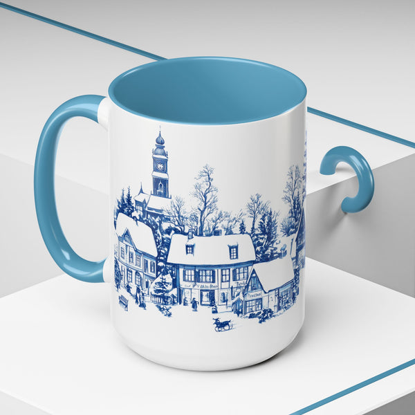 Blue Snowy Winter Village Mug - Holiday Christmas Art Cup for Coffee, Tea, Hot Cocoa
