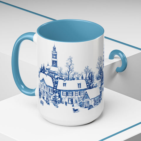 Blue Snowy Winter Village Mug - Holiday Christmas Art Cup for Coffee, Tea, Hot Cocoa