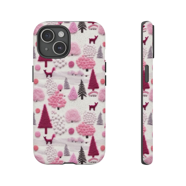 Pink Winter Woodland Aesthetic Embroidery Phone Case for iPhone, Samsung, Pixel