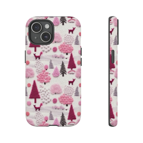 Pink Winter Woodland Aesthetic Embroidery Phone Case for iPhone, Samsung, Pixel