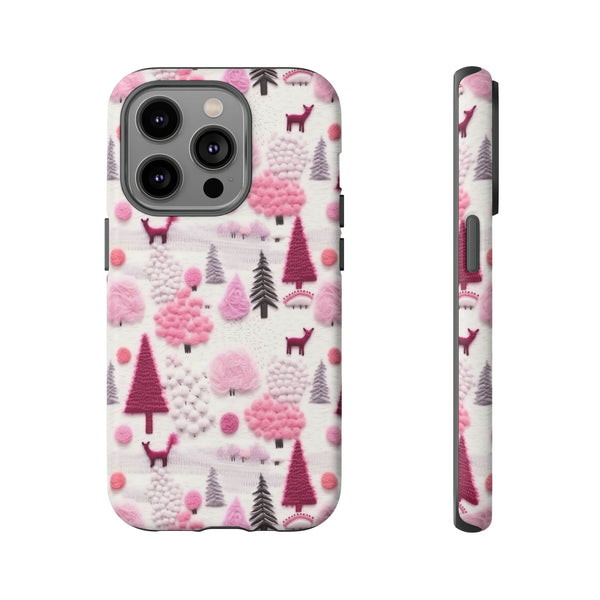 Pink Winter Woodland Aesthetic Embroidery Phone Case for iPhone, Samsung, Pixel