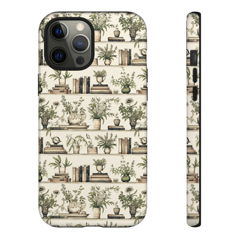 Bookshelf Phone Case - Neutral Beige Books and Plants Protective Cover for iPhone, Samsung, Pixel