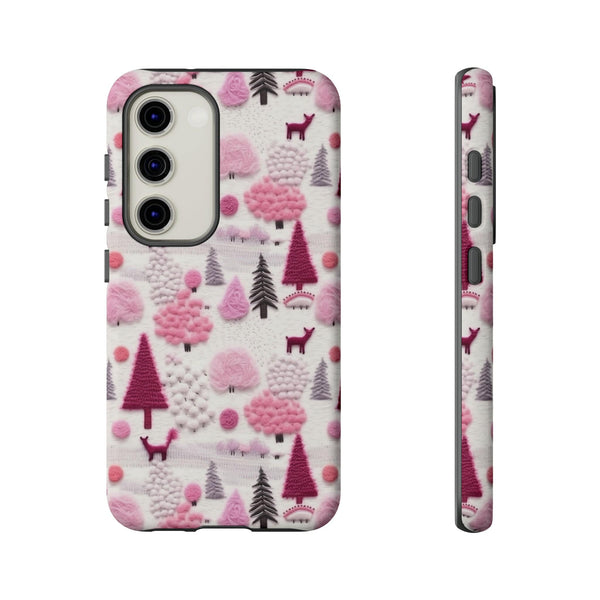 Pink Winter Woodland Aesthetic Embroidery Phone Case for iPhone, Samsung, Pixel