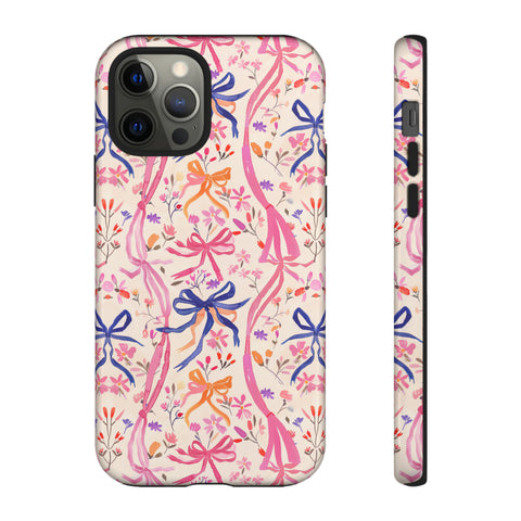 Whirly Bows Phone Case - Pink Preppy Flowers Protective Cover for iPhone, Samsung, Pixel