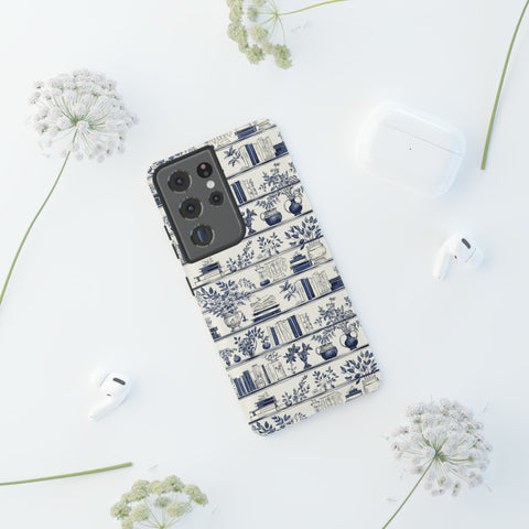 Bookshelf Phone Case - Blue and White Floral Books Protective Cover for iPhone, Samsung, Pixel
