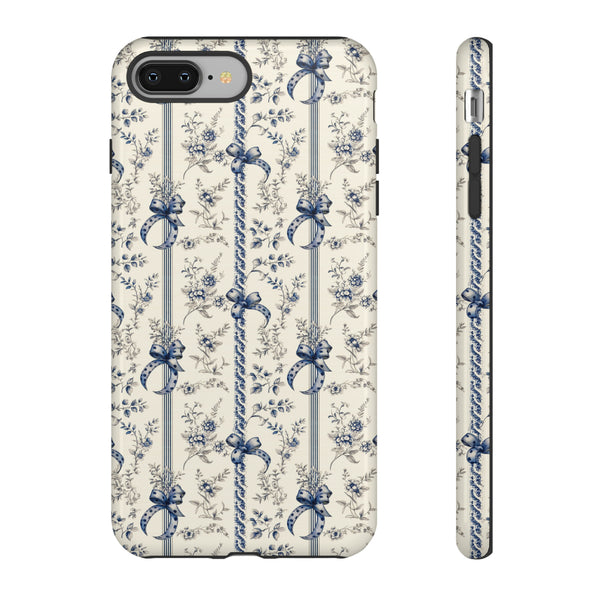 Blue Bow Phone Case - Vintage Floral Preppy Protective Phone Cover for iPhone, Samsung, Pixel