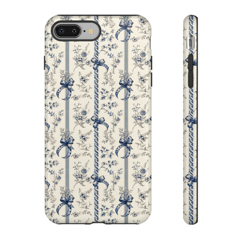 Blue Bow Phone Case - Vintage Floral Preppy Protective Phone Cover for iPhone, Samsung, Pixel