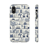 Bookshelf Phone Case - Blue and White Floral Books Protective Cover for iPhone, Samsung, Pixel