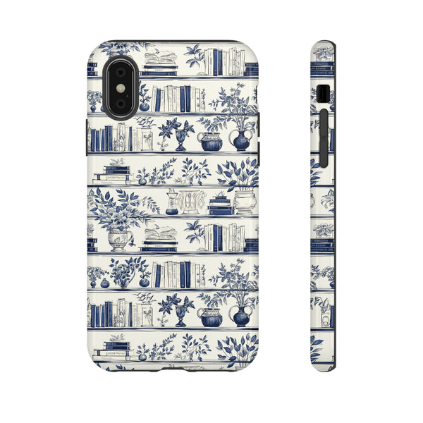 Bookshelf Phone Case - Blue and White Floral Books Protective Cover for iPhone, Samsung, Pixel