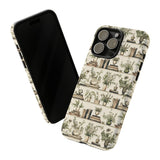 Bookshelf Phone Case - Neutral Beige Books and Plants Protective Cover for iPhone, Samsung, Pixel