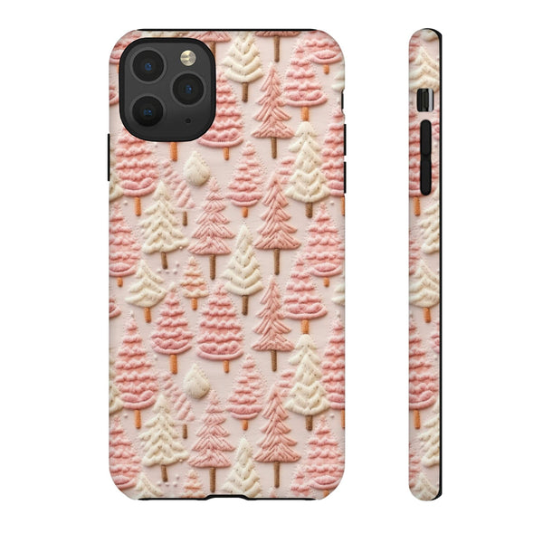 Pink Christmas Trees 3D Embroidery Phone Case for iPhone, Samsung, Pixel