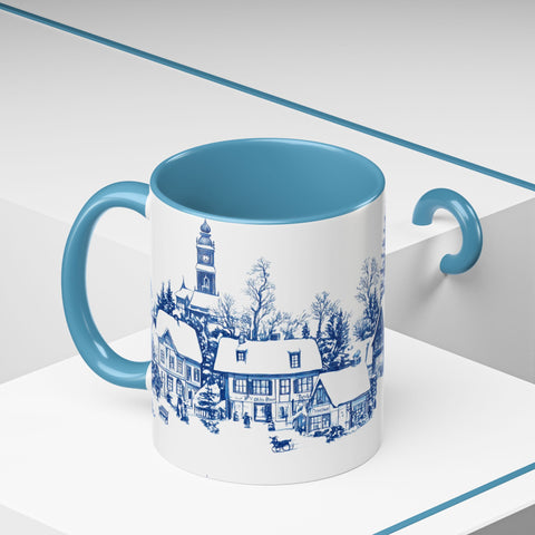 Blue Snowy Winter Village Mug - Holiday Christmas Art Cup for Coffee, Tea, Hot Cocoa