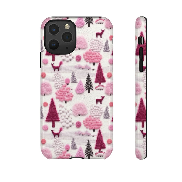 Pink Winter Woodland Aesthetic Embroidery Phone Case for iPhone, Samsung, Pixel