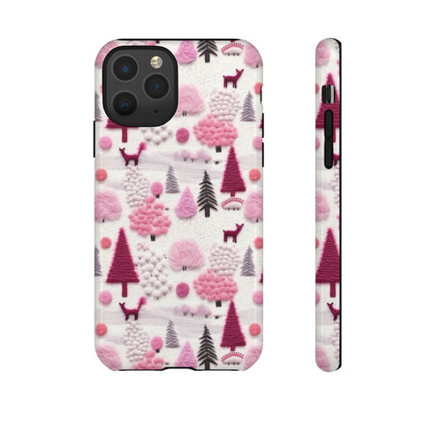 Pink Winter Woodland Aesthetic Embroidery Phone Case for iPhone, Samsung, Pixel