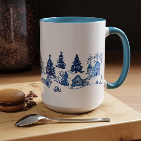 Blue Winter Village Art Mug - Holiday Christmas Cup Gift for Coffee, Tea, Hot Cocoa