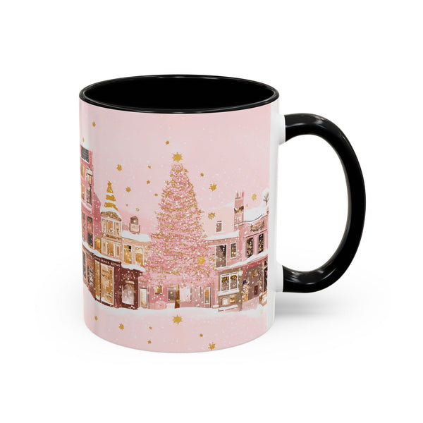 Pink Christmas Town Mug - Festive Holiday Village Art Cup for Coffee, Tea, Hot Chocolate