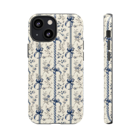 Blue Bow Phone Case - Vintage Floral Preppy Protective Phone Cover for iPhone, Samsung, Pixel