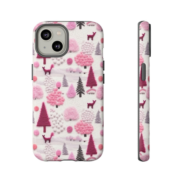 Pink Winter Woodland Aesthetic Embroidery Phone Case for iPhone, Samsung, Pixel