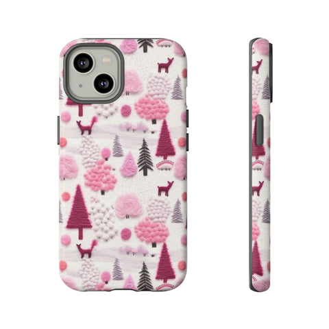 Pink Winter Woodland Aesthetic Embroidery Phone Case for iPhone, Samsung, Pixel