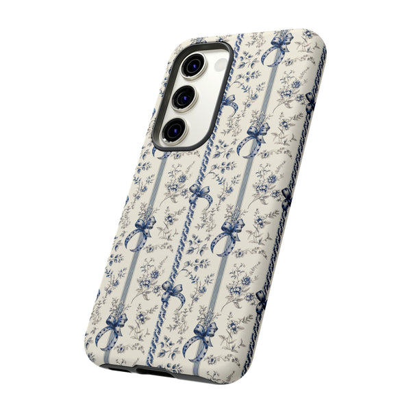 Blue Bow Phone Case - Vintage Floral Preppy Protective Phone Cover for iPhone, Samsung, Pixel